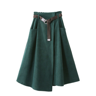 秋冬韩版简约纯色腰带条绒口袋不规则工装显瘦a字裙伞裙半身裙子
