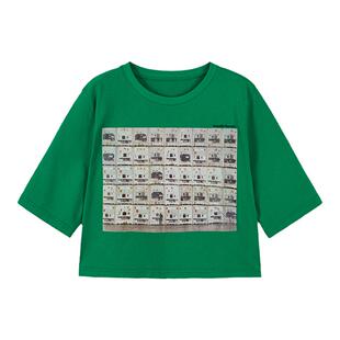 URLAZH有兰夏季新款复古风短款潮酷绿圆领植绒印花上衣短袖T恤女