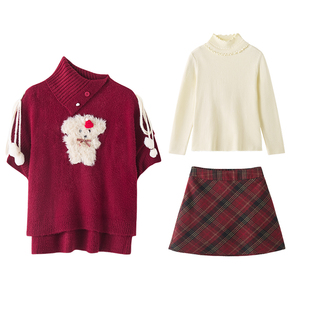 织物猪 斗篷小狗 甜美风红色毛衣女秋冬新年圣诞穿搭针织衫上衣