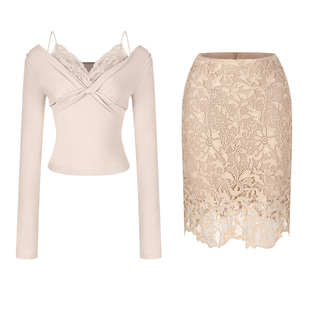 纯欲假两件蕾丝吊带长袖上衣女秋冬设计感辣妹鱼尾包臀半身裙套装