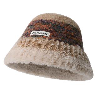多巴胺彩虹毛绒渔夫帽子女秋冬加厚保暖护耳针织盆帽大头围显脸小