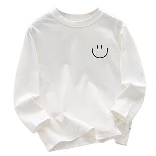 女童纯棉t恤长袖2026新款春夏儿童女孩白色可爱笑脸体恤休闲上衣