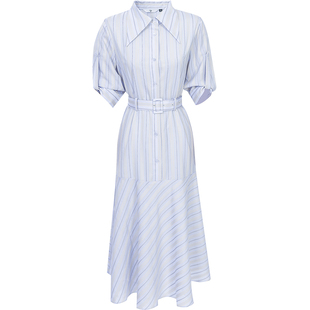 2026年夏季新款时尚通勤翻领撞色条纹系带收腰中长款衬衣连衣裙女