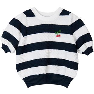 URLAZH有兰夏季新款复古气质黑白条纹泡泡袖短袖圆领针织衫女短款