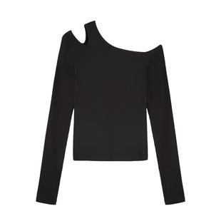ousph黑色斜露肩长袖针织T恤女气质秋季新款修身设计感打底衫上衣