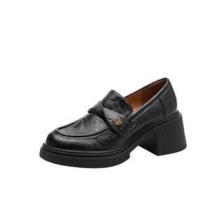 牛皮版~山茶花粗跟真皮黑色乐福鞋女2026新款春秋单鞋高跟小皮鞋