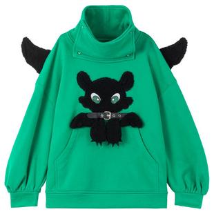 KEIKO 小恶魔绣花绿色加绒卫衣女秋冬设计感软骨羽翼加厚高领外套