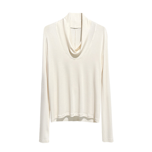 25秋季新款荡领长袖T恤女修身显瘦打底衫极简显贵杏色堆堆领上衣