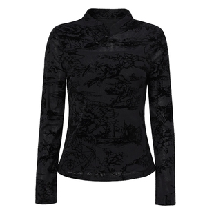 马天奴女装春秋新款国风新中式黑色植绒暗纹上衣修身衬衫衬衣女