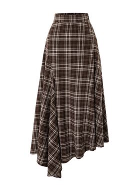 KUNSWEAR/琨丝薇尔26FA 复古棕格纹不规则下摆高腰半裙 846008030