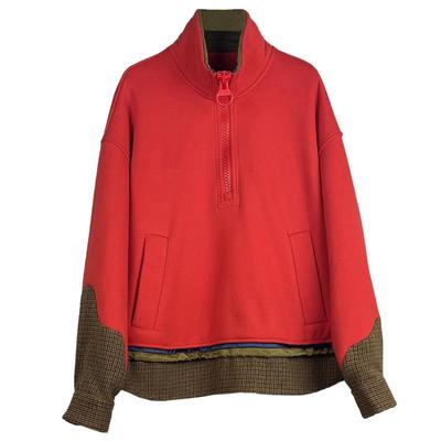 谜底大红色加绒卫衣女冬款复古风新年红立领拼接上衣244MV1683