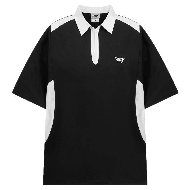 NELY小尼力潮牌美式半拉链POLO衫短袖T恤男女夏撞色拼接宽松半袖