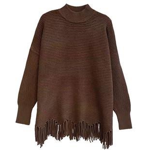 半高领中长款流苏毛衣女套头2025春装新款宽松外穿上衣加厚打底衫