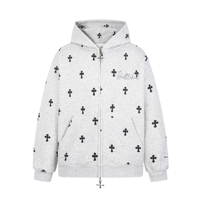 美式十字架满印开衫外套卫衣