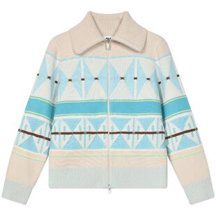 FILA Emerald斐乐女士针织外套2024春季时尚休闲满印翻领上衣