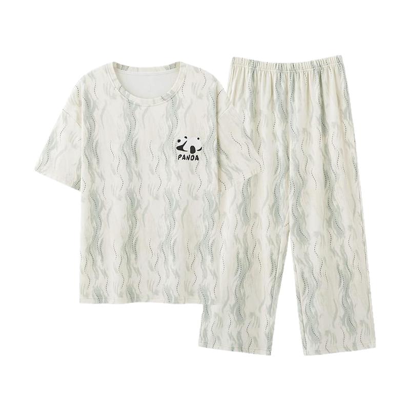 猫人睡衣女款夏季纯棉带胸垫短袖七分裤休闲全棉可外穿家居服套装