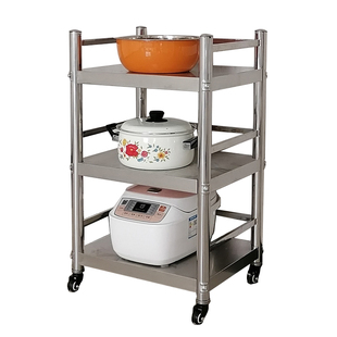 带轮可移动厨房用品收纳架不锈钢三层置物架家用放锅菜电饭煲货架