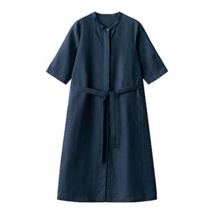 梭家|谦逊的海·叁|文艺复古藏青色透气汉麻压褶连衣裙显瘦中长裙