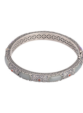 山予棠S925纯银南红和田玉复古做旧烧蓝繁花似锦无事牌手镯银手环