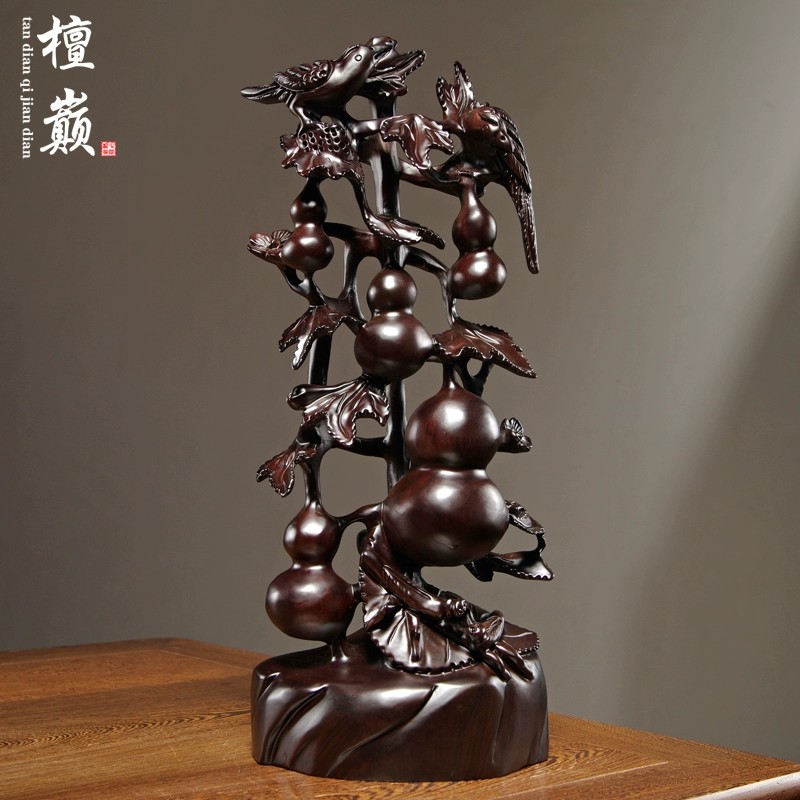黑檀木雕刻五福临门葫芦摆件家居客厅装饰红木开业乔迁送礼工艺品
