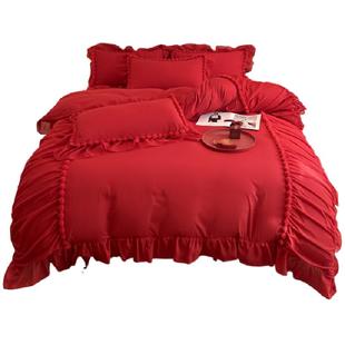 公主风纯棉水洗棉大红色结婚床上四件套韩式床裙婚庆陪嫁花边被套