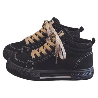 人本高帮圆头休闲加绒厚底帆布鞋