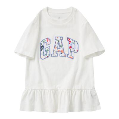 Gap女童2024夏季新款纯棉花卉logo荷叶边下摆短袖T恤上衣465954