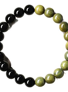 普陀山天然老绿檀木黑曜石手链
