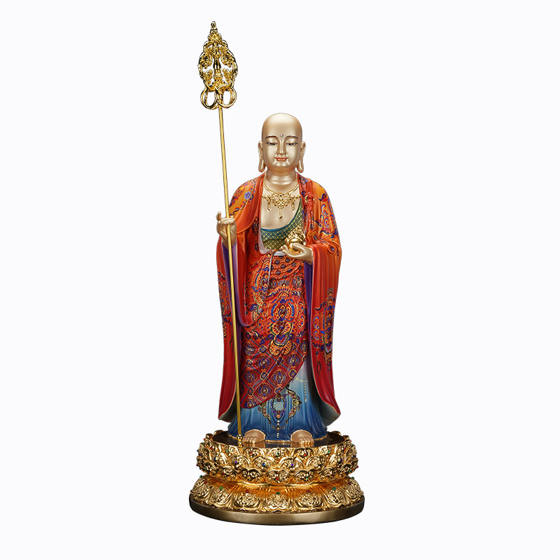 铜贴金彩绘站地藏王菩萨佛像全铜南无九华山站光头大愿地藏王铜像