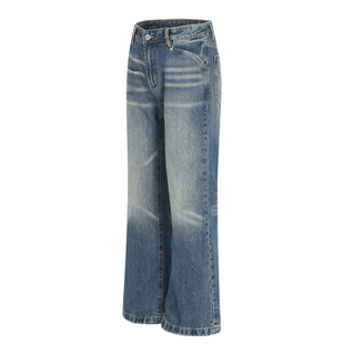 BUFANSTUDIO横向猫须冰蓝牛仔裤多重水洗长裤直筒宽松美式休闲裤