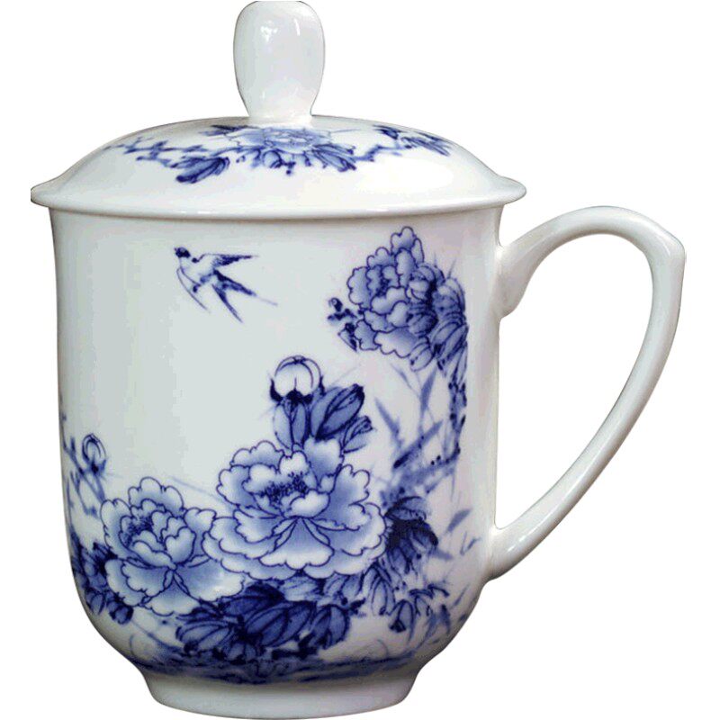 景德镇青花骨瓷杯子会议陶瓷茶杯带把手盖子办公室定制水杯印logo