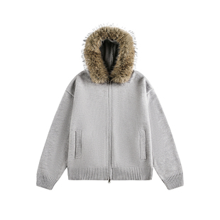 Dream made美式可拆卸毛领连帽开衫毛衣外套男款秋冬季情侣针织衫