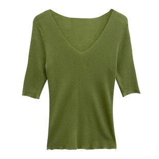 半袖羊毛针织衫女2025新款黑色中袖早秋t恤V领上衣微透低领打底衫