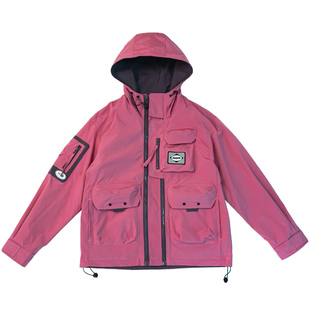 秋装潮牌双拉链口袋工装冲锋式男女户外宽松大码连帽外套情侣登山