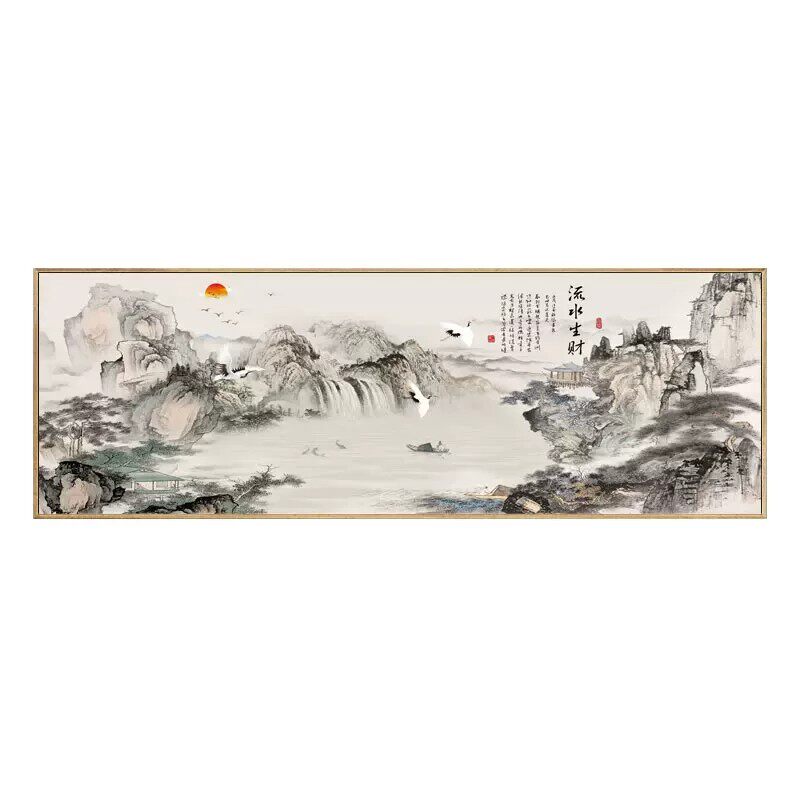 流水生财新中式水墨装饰画客厅办公室背景墙挂画新款国画山水壁画