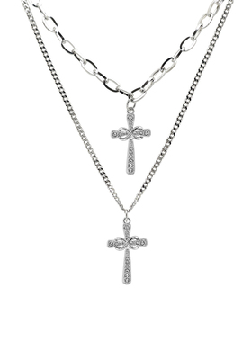 哥特小众双层叠加十字架钛钢项链