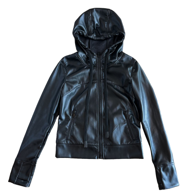 长袖连帽蛋白皮显瘦皮衣短外套女