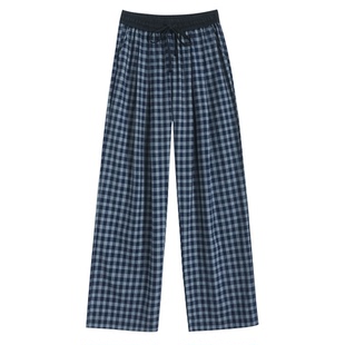 抽绳高腰复古格子裤女夏季薄款小个子松弛感休闲裤遮腿显瘦直筒裤