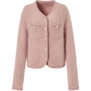 商场同款糖力 秋冬季灰粉色珍珠扣兔毛混纺针织衫女开衫小外套