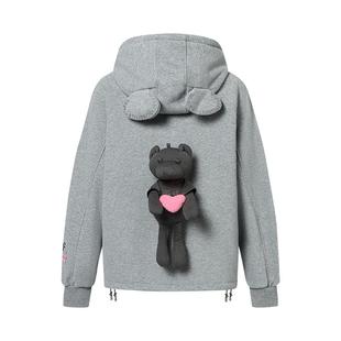 NOISY TEDDY25冬季新款可爱立体熊女士连帽加绒卫衣外套宽松百搭