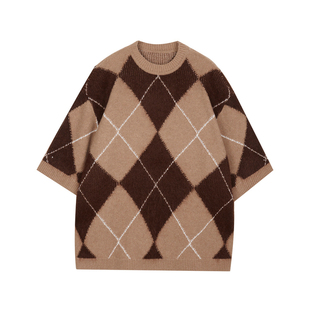 速写outlets奥莱男装春秋折扣新款毛衫拼色圆领短袖套头几何图案