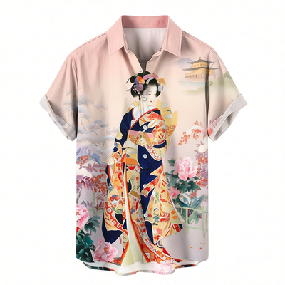 短袖系扣男士印花衬衣