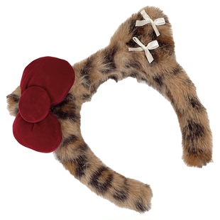 秋冬甜美豹纹毛绒发箍女2025新款可爱猫咪蝴蝶结洗脸头箍防滑发卡