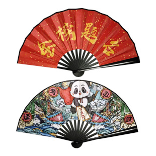 国潮插画手绘折扇男女士中国风8寸网红年会汉服学生绢布舞蹈扇子