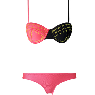 小胸比基尼聚拢手工刺绣拼色欧美带钢托沙滩性感度假分体泳衣女