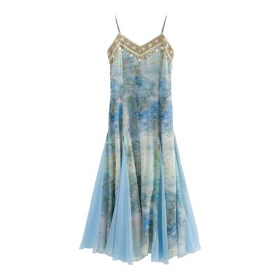 法式复古拼接大裙摆印花连衣裙