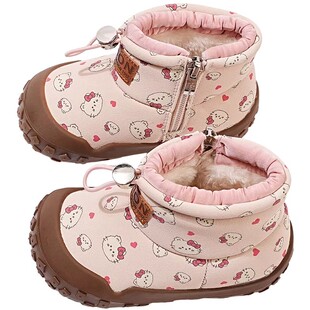 书萌儿童雪地靴保暖冬季女童棉靴加厚宝宝鞋子卡通印花大棉鞋冬鞋