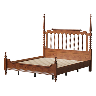 时余伊梵床法式复古全实木床美式双人床1米8橡木高柱中古风温莎床