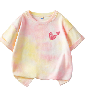 拉夏贝尔女童扎染短袖t恤2026新款儿童小红心半袖女大童夏装上衣