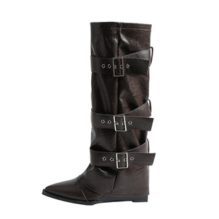 真皮~骄屿皮带扣尖头裤管靴女粗跟不过膝骑士靴朋克风高跟长筒靴